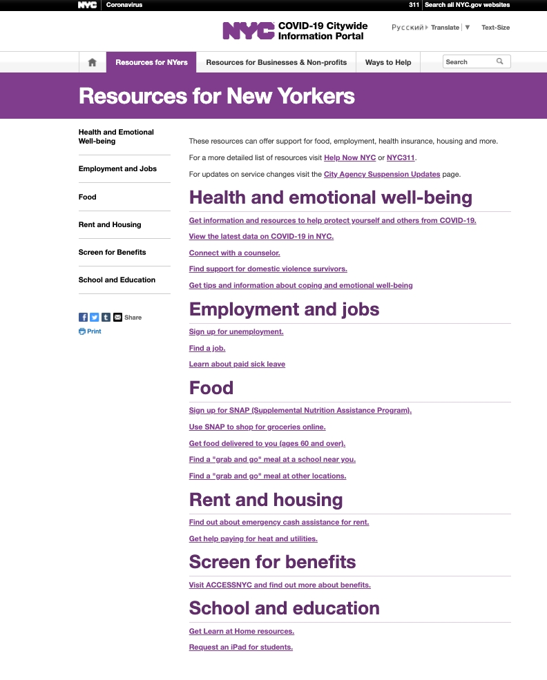 NYC Covid-19 Resources for New Yorkers page